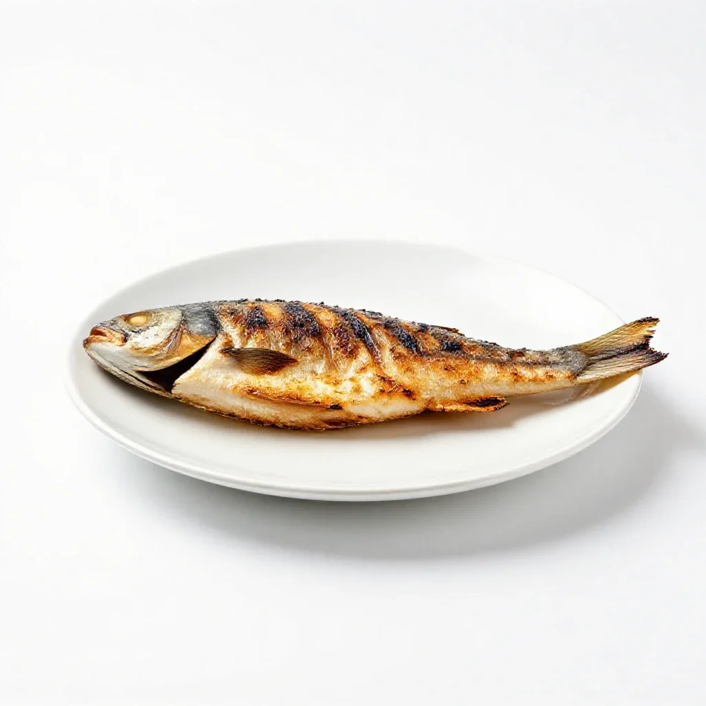 Grilled fish on a plate isolated on a white background