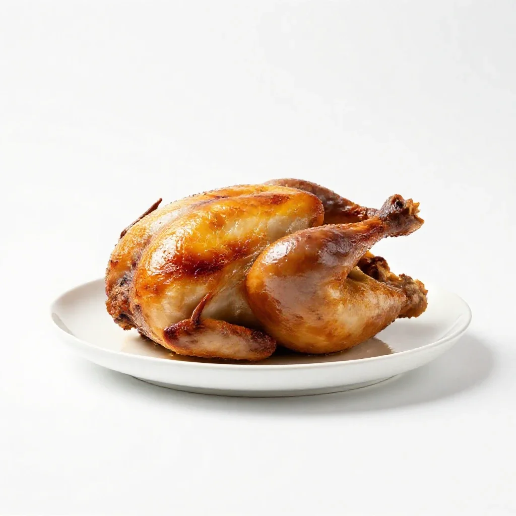 Roast chicken on a board isolated on a white background