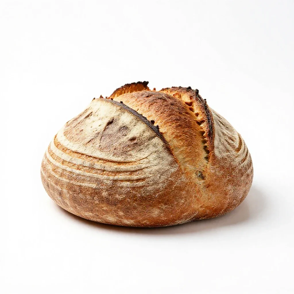 Sourdough boule with a scored crust isolated on a white background
