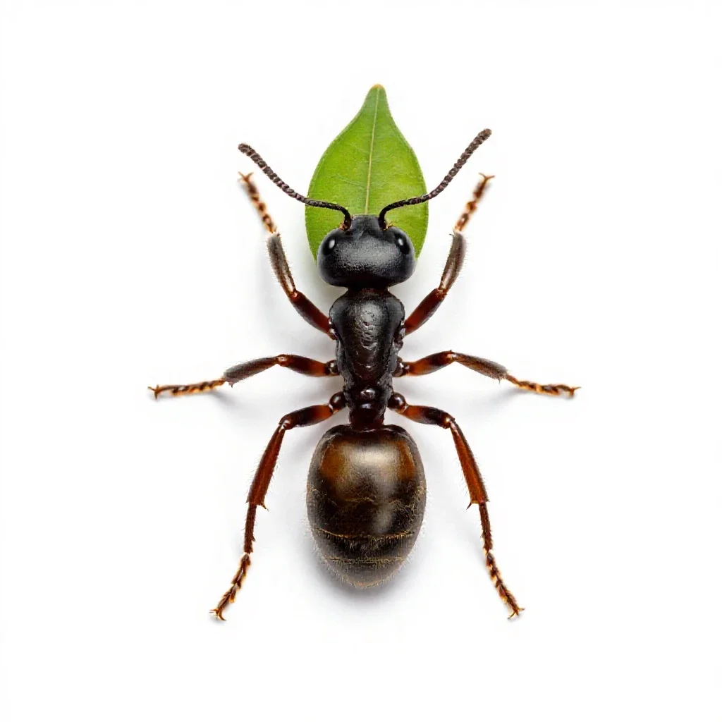 Leafcutter ant carrying a leaf isolated on a white background