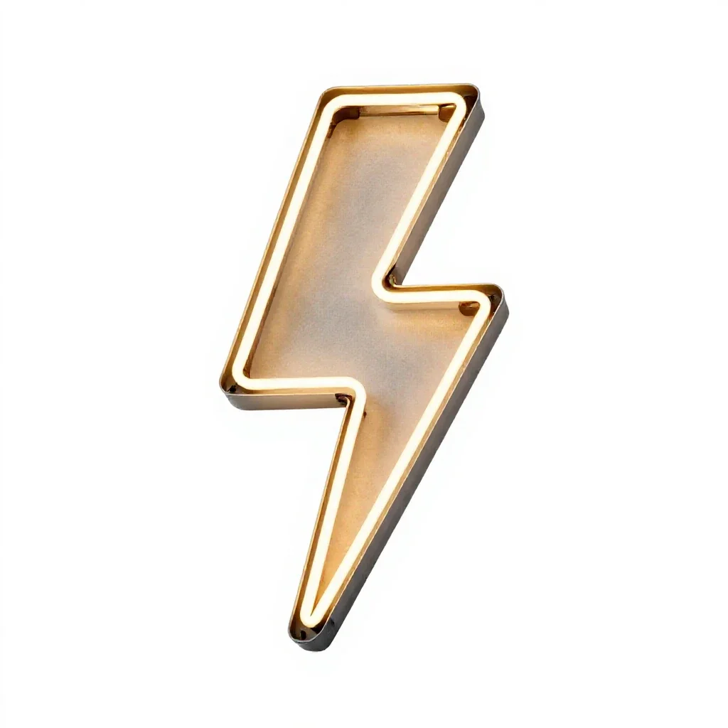 Neon sign shaped like a lightning bolt isolated on a white background