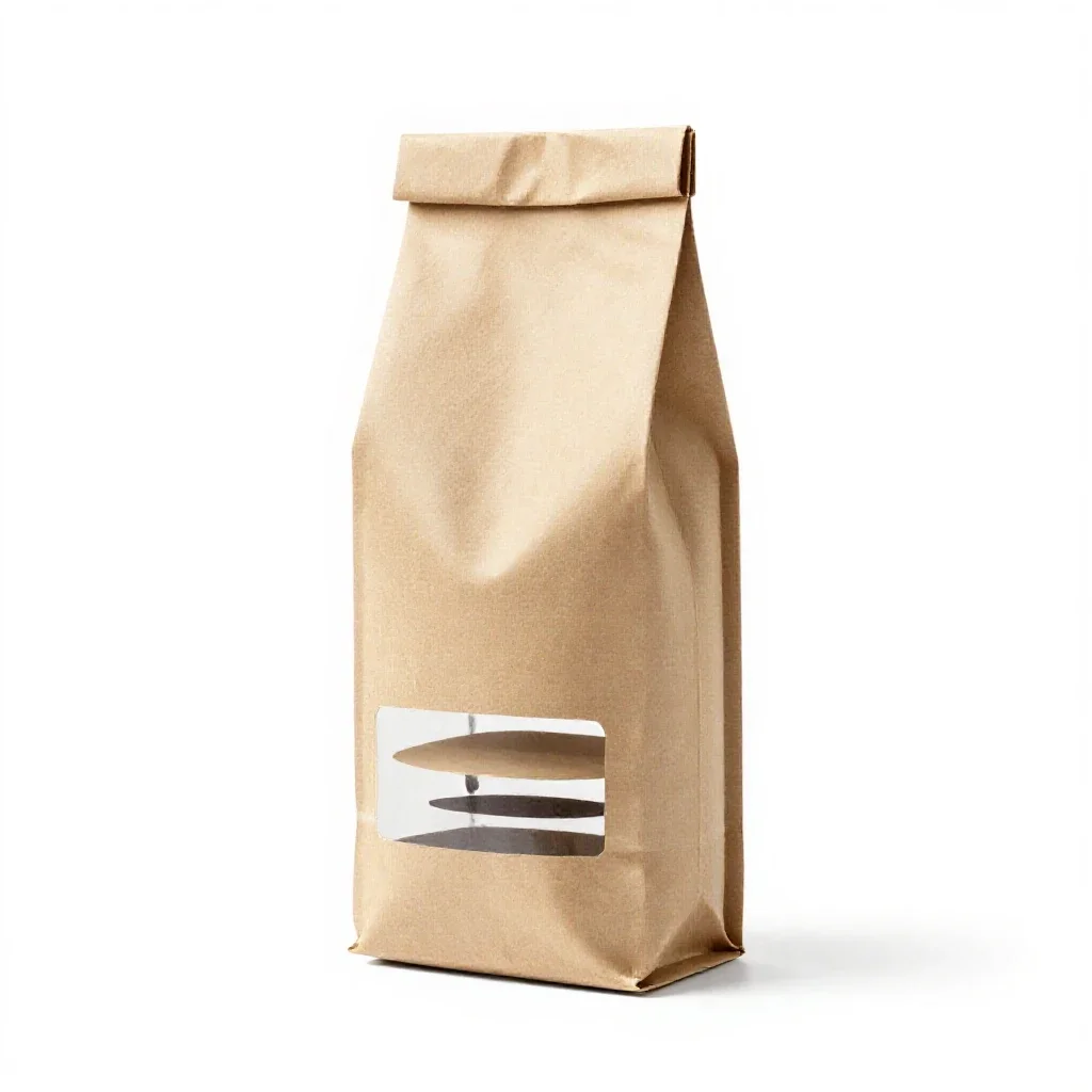 Kraft paper coffee bag with a valve isolated on a white background