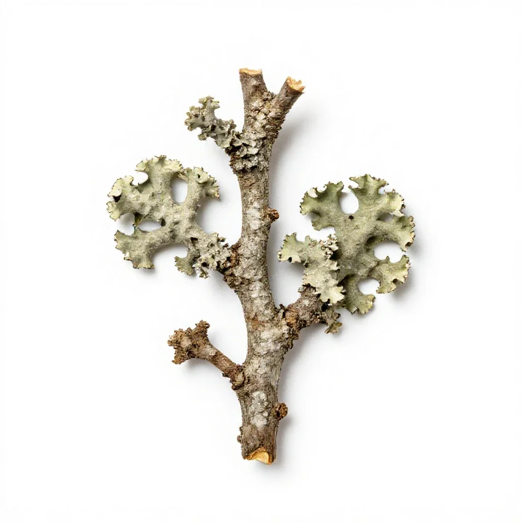 Lichen-covered twig isolated on a white background