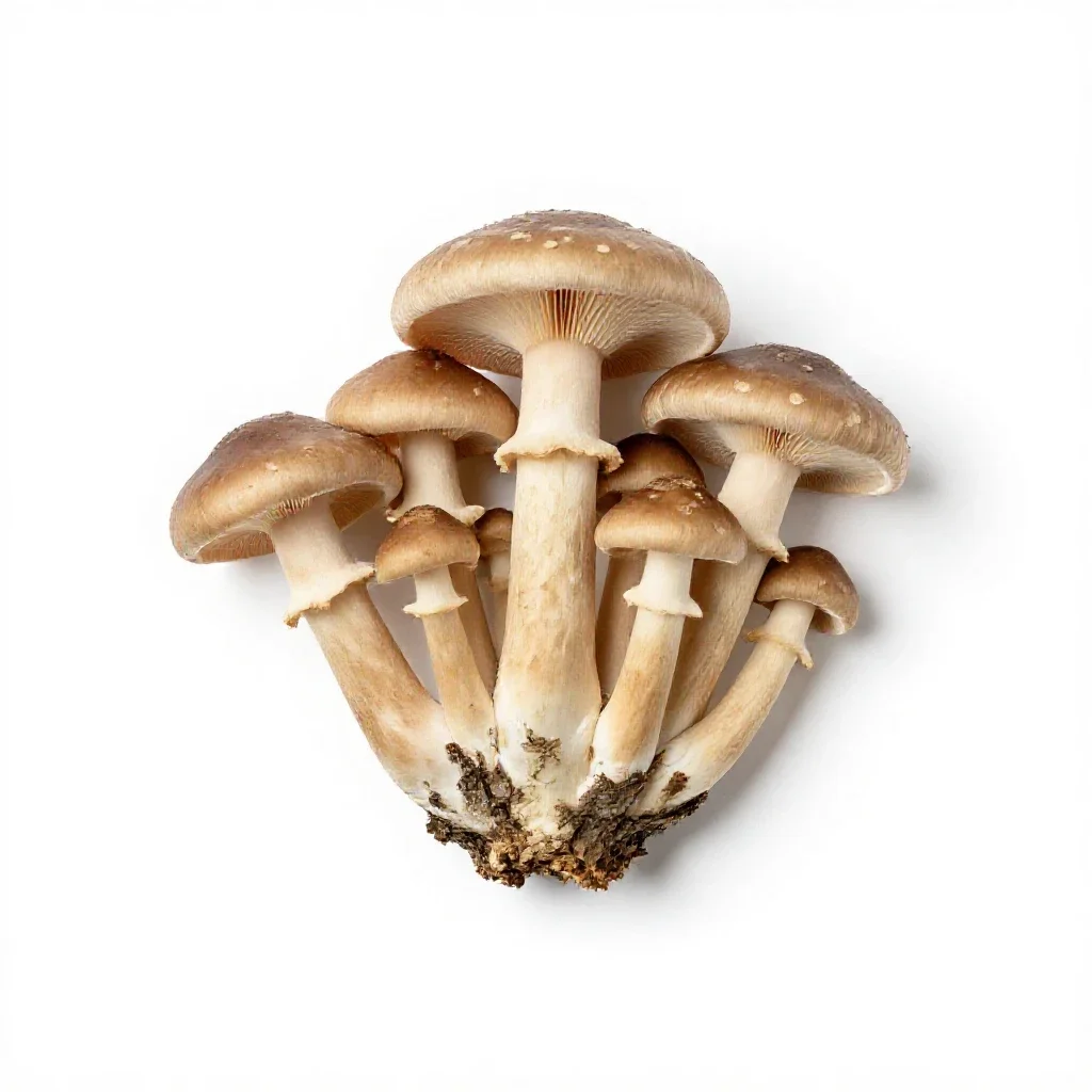 Mushroom cluster on bark isolated on a white background