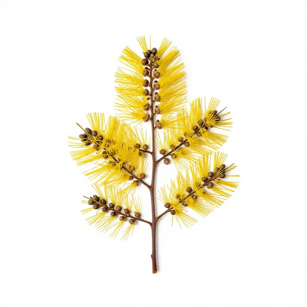 Pohutukawa branch in flower isolated on a white background