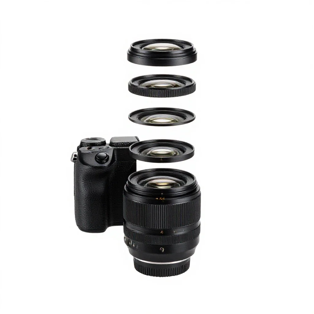 Mirrorless camera with a prime lens isolated on a white background