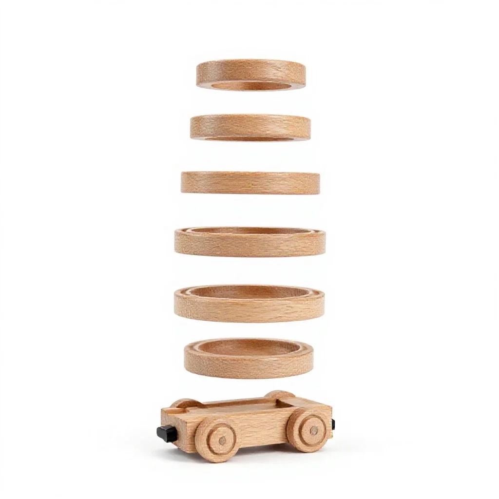 Wooden train track piece isolated on a white background