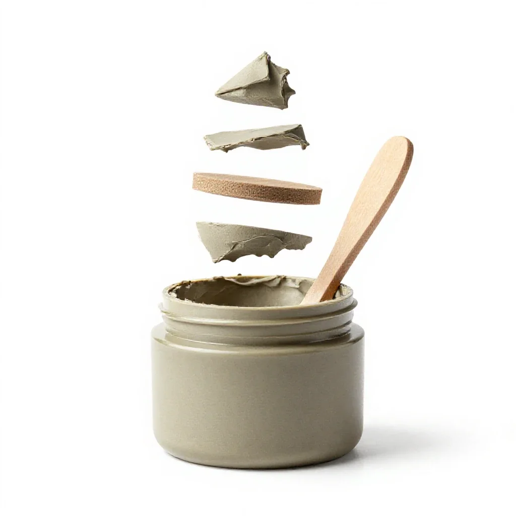 Clay mask jar with a spatula isolated on a white background