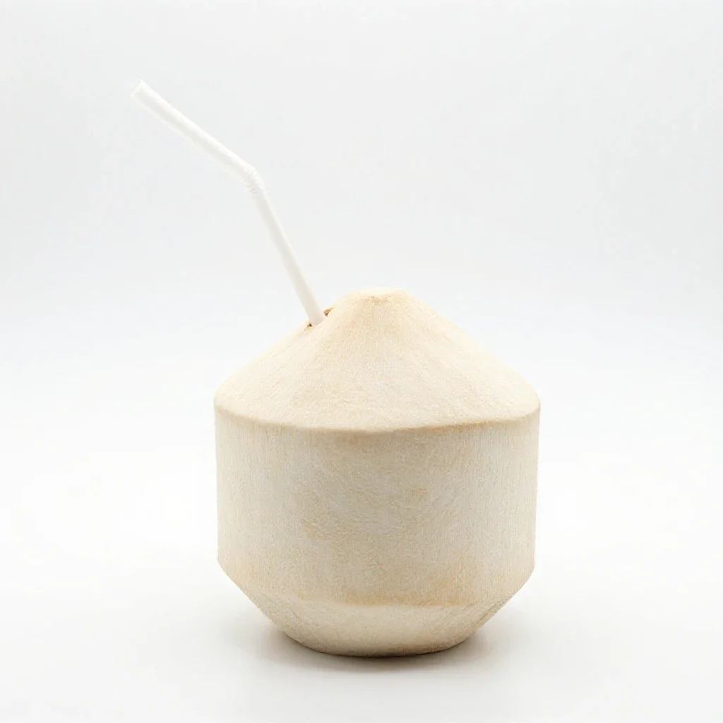 Fresh coconut with a straw isolated on a white background