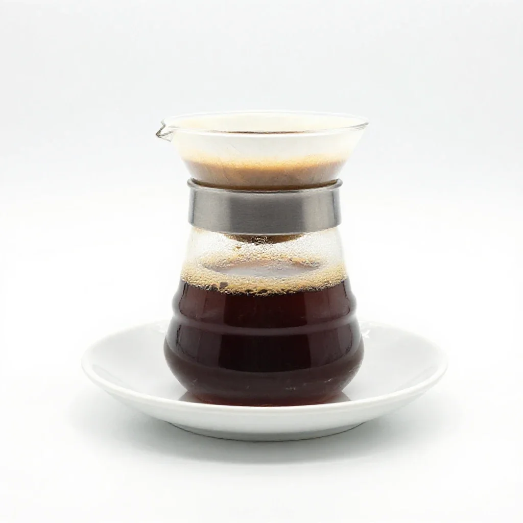 Pour-over coffee mid-bloom isolated on a white background