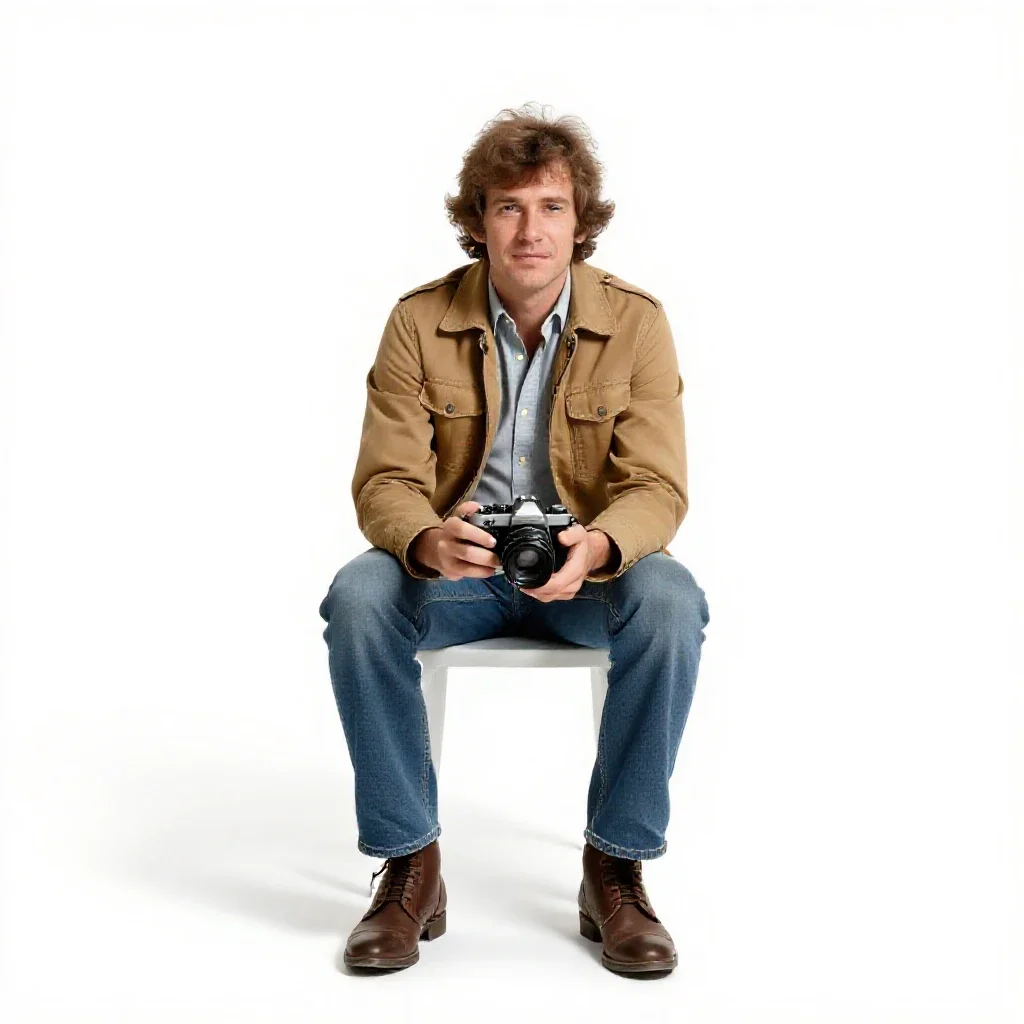 1970s festival photographer isolated on a white background