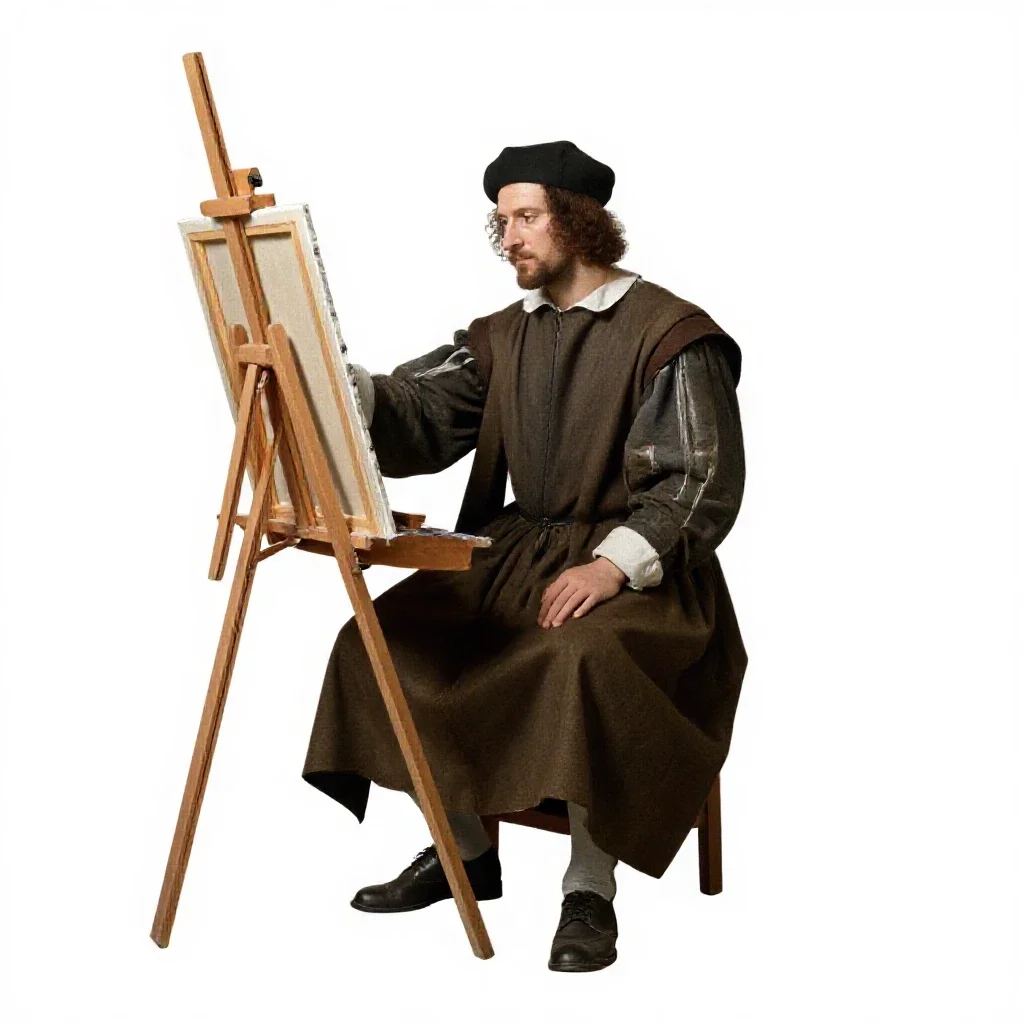 Renaissance painter at an easel isolated on a white background