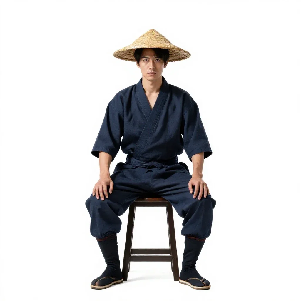 Ronin with a straw hat isolated on a white background