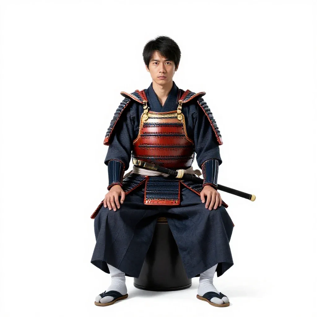Samurai in lacquered armour isolated on a white background