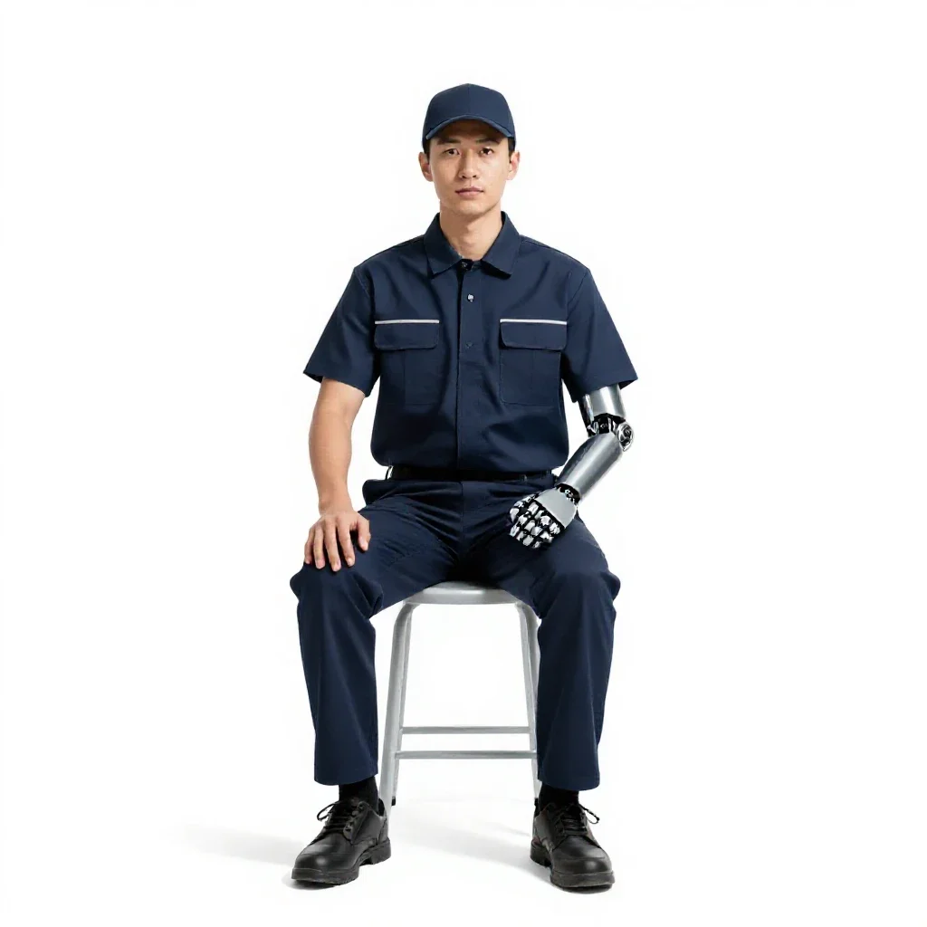 Courier with a cybernetic arm isolated on a white background