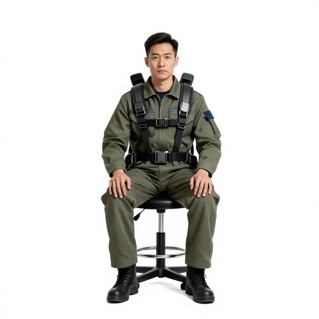 Mech pilot in a flight harness isolated on a white background