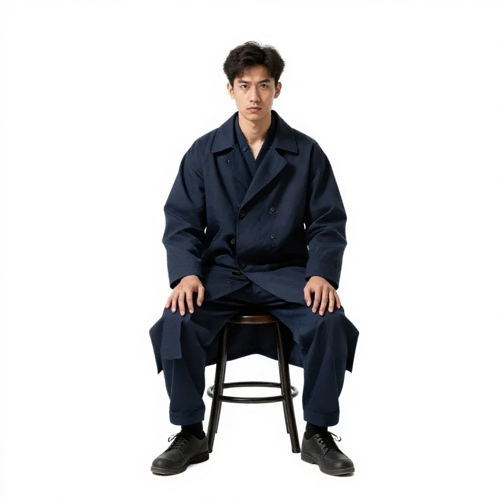 Street samurai in a long coat isolated on a white background