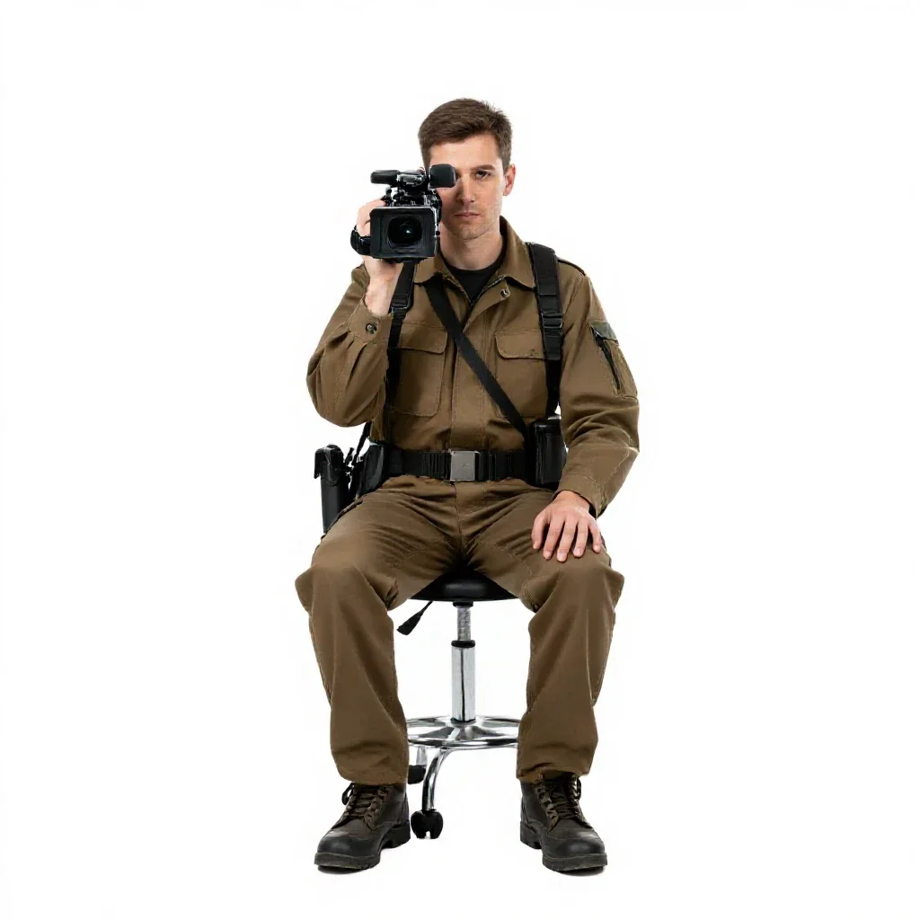War correspondent with a hovering camera isolated on a white background