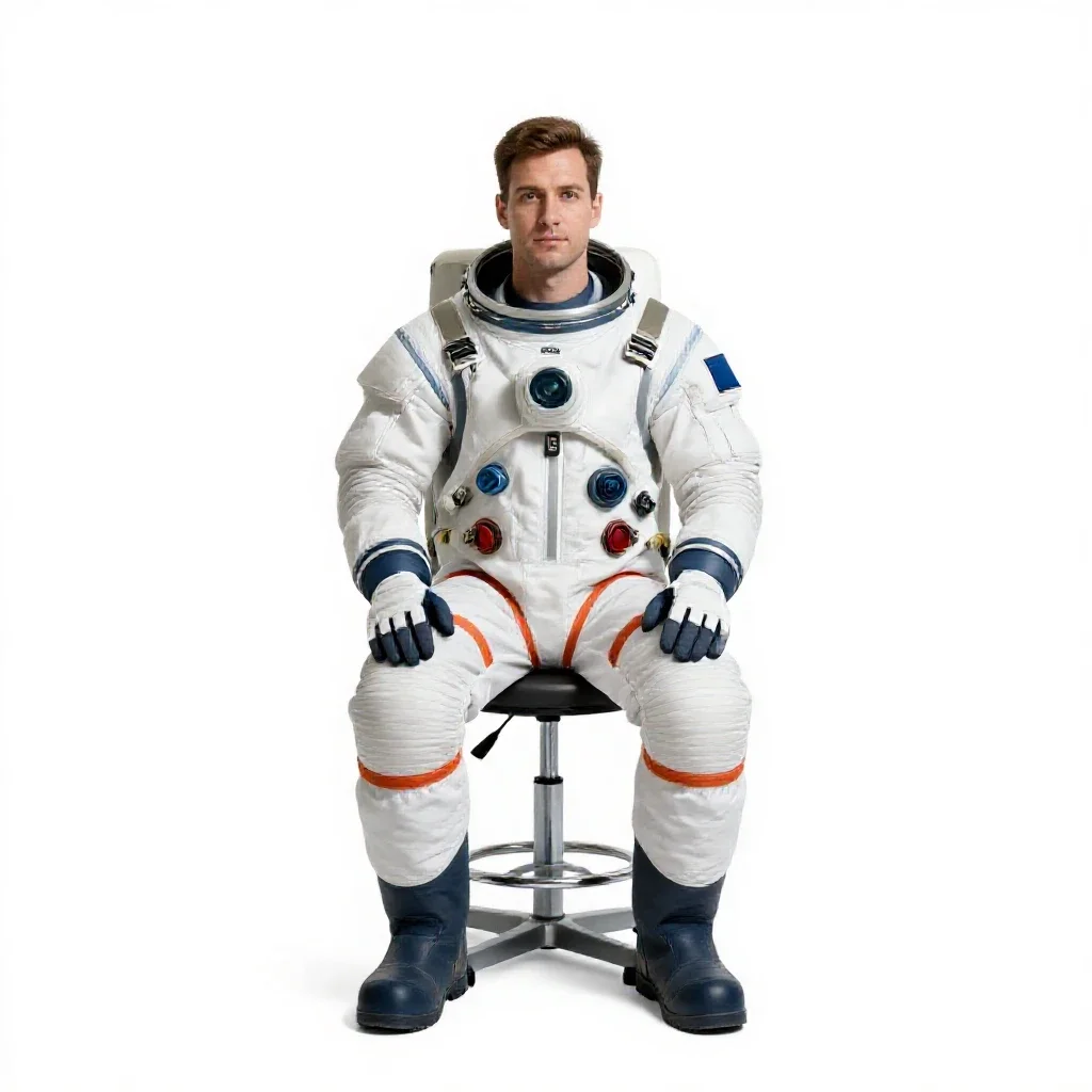 Orbital station engineer in a pressure suit isolated on a white background