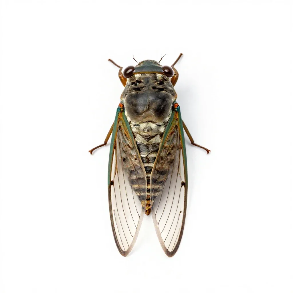 Cicada mid-song isolated on a white background