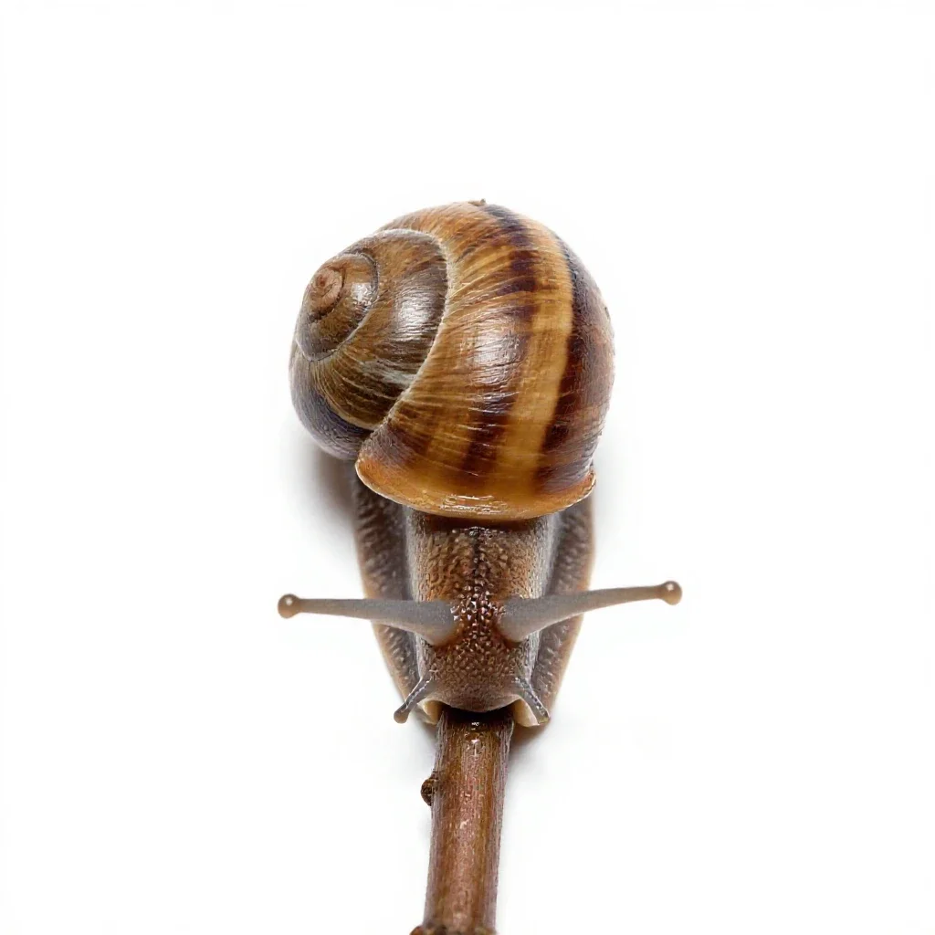 Snail on a wet stem isolated on a white background