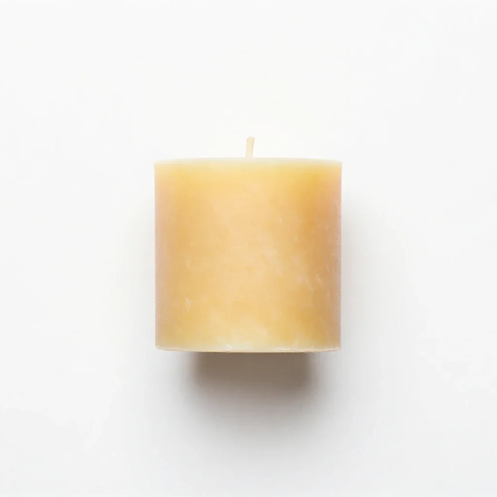 Beeswax pillar candle on a holder isolated on a white background