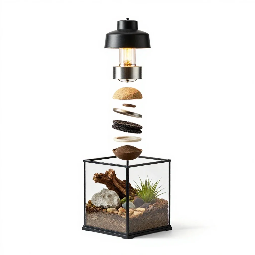 Terrarium with a heat lamp isolated on a white background