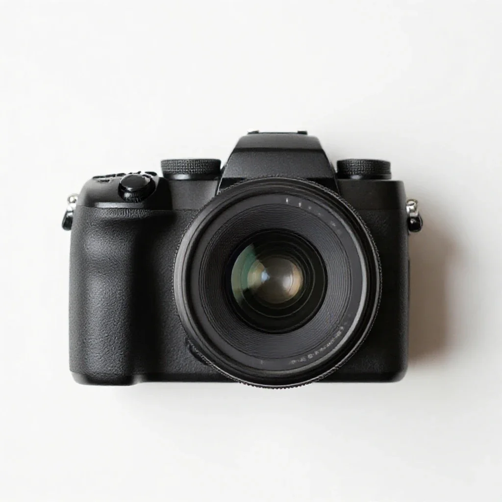Mirrorless camera with a prime lens isolated on a white background
