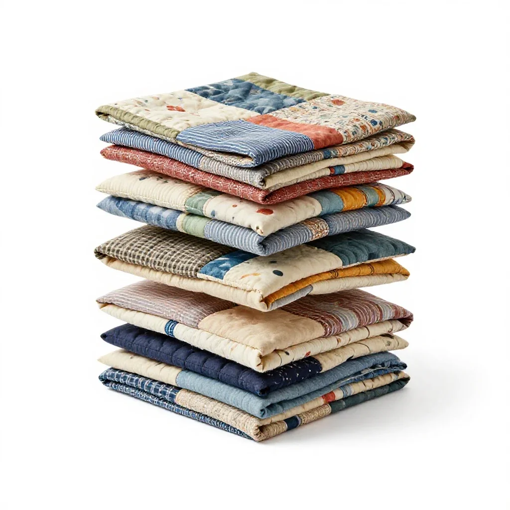 Patchwork quilt folded into a square isolated on a white background