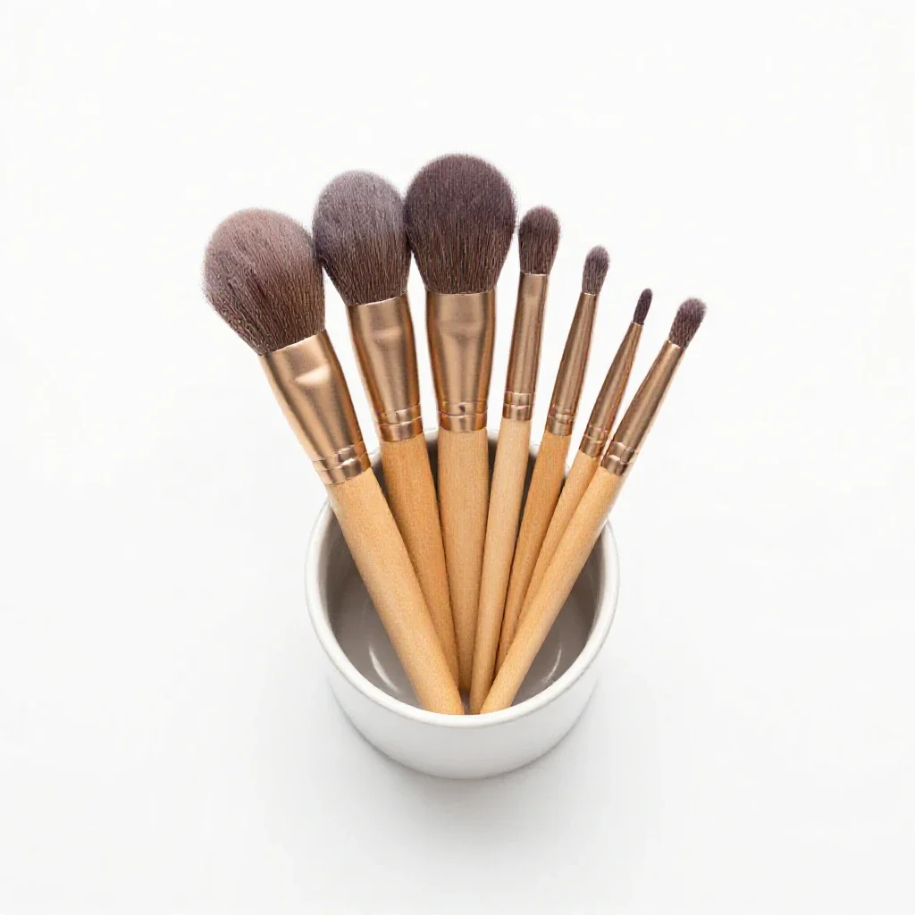 Makeup brush set in a cup isolated on a white background