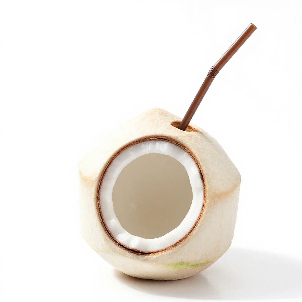 Fresh coconut with a straw isolated on a white background