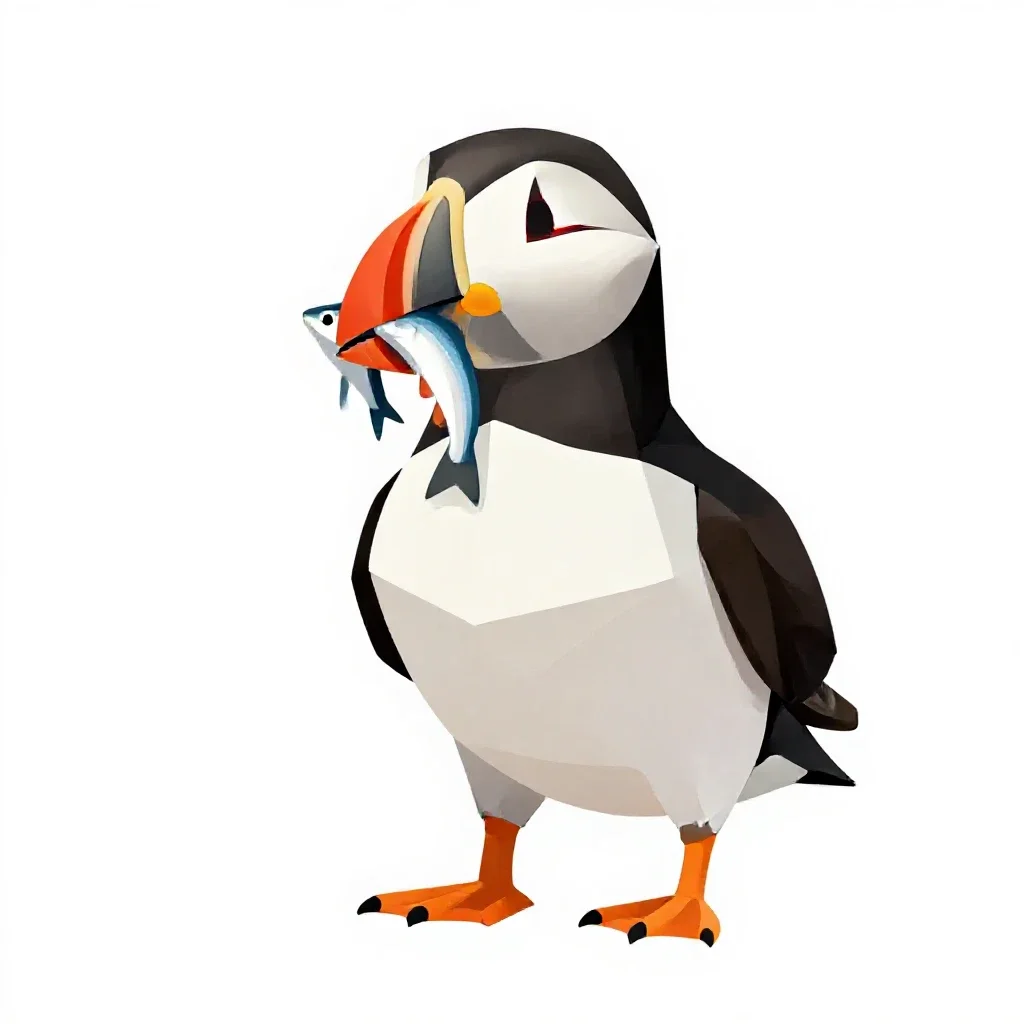 Puffin with a beakful of fish isolated on a white background