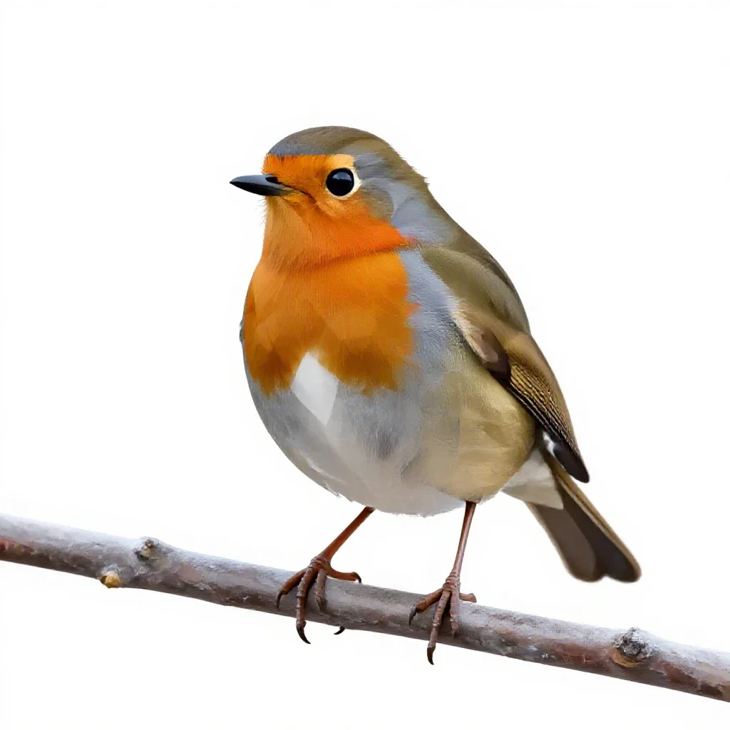 Robin on a frosted branch isolated on a white background