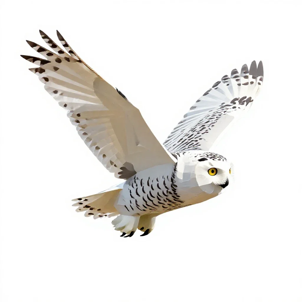Snowy owl in flight isolated on a white background