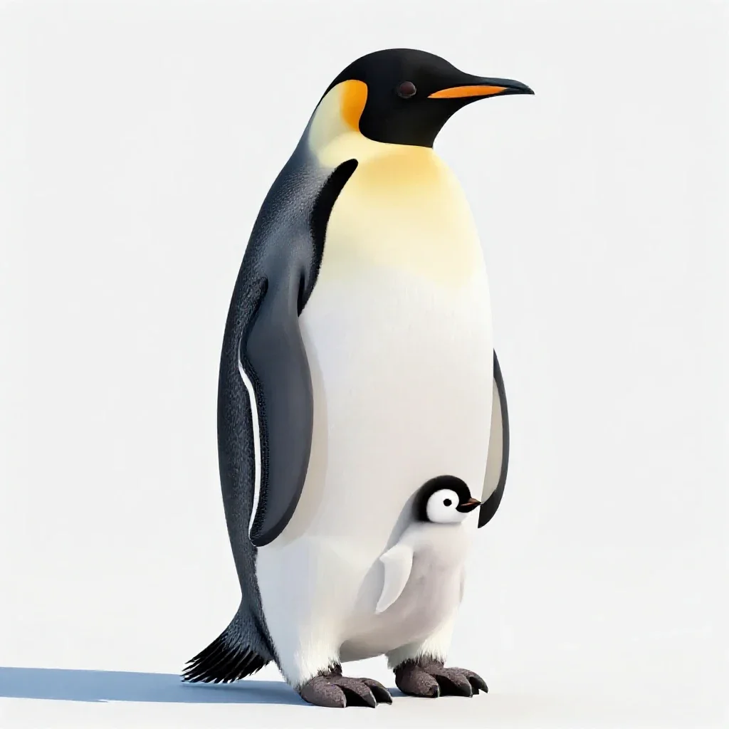 Emperor penguin with a chick isolated on a white background