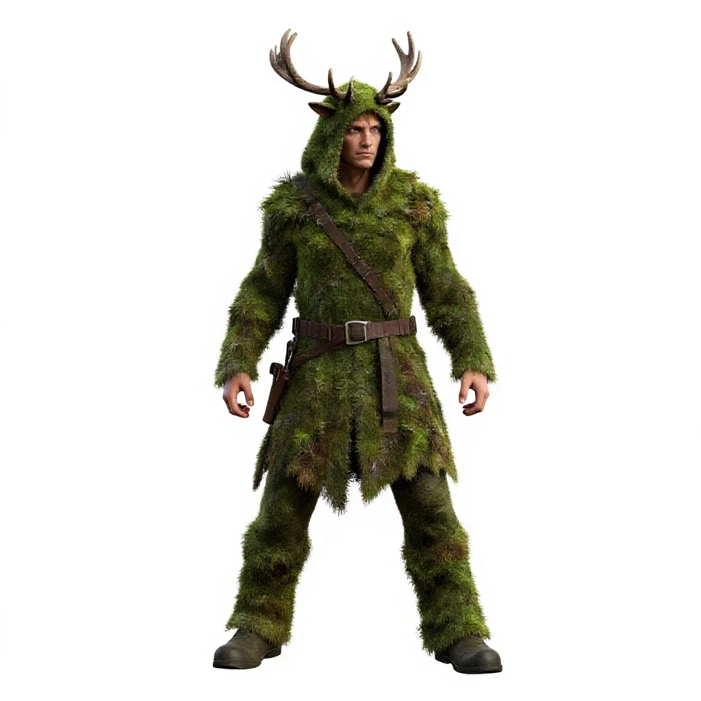 Druid cloaked in moss and antlers isolated on a white background
