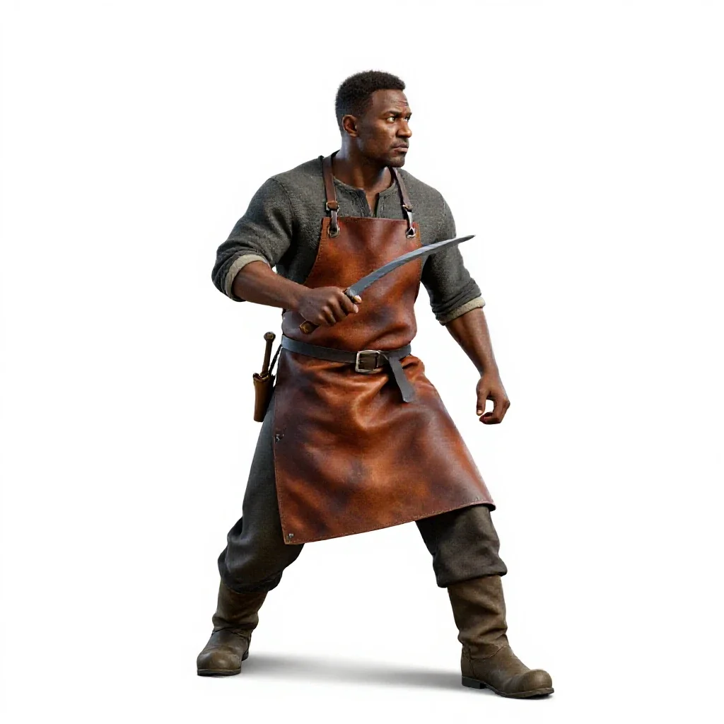 Dwarven blacksmith in a leather apron isolated on a white background