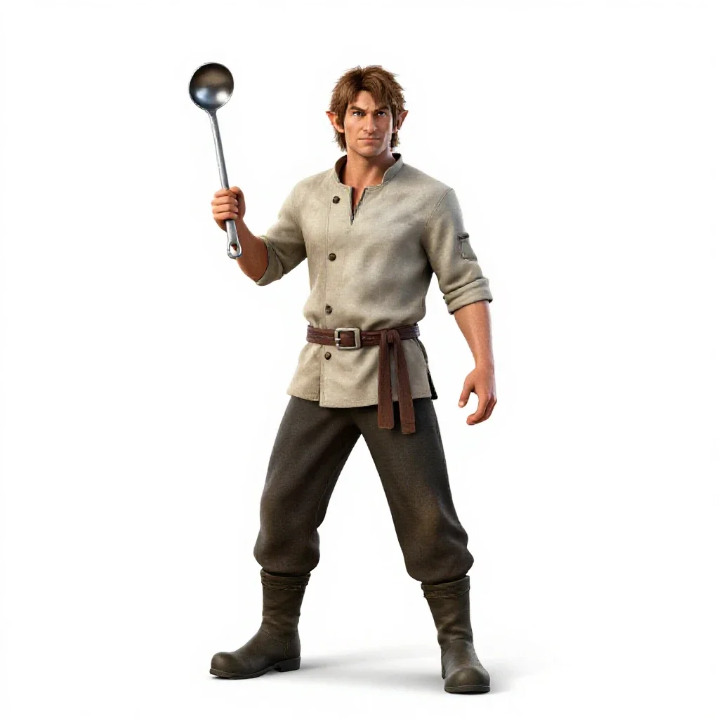 Halfling cook with a ladle isolated on a white background