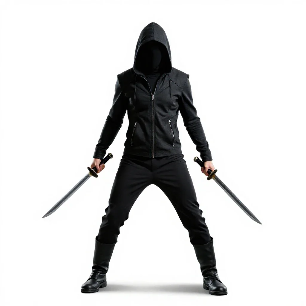 Hooded rogue with twin daggers isolated on a white background
