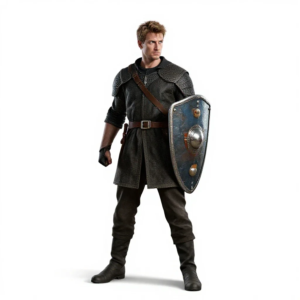 Knight errant with a battered shield isolated on a white background