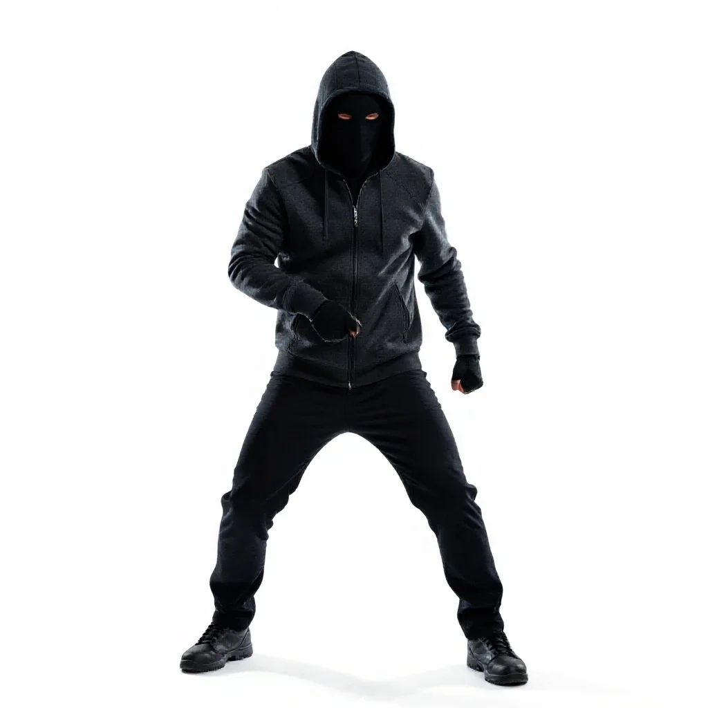 Masked assassin in dark cloth isolated on a white background
