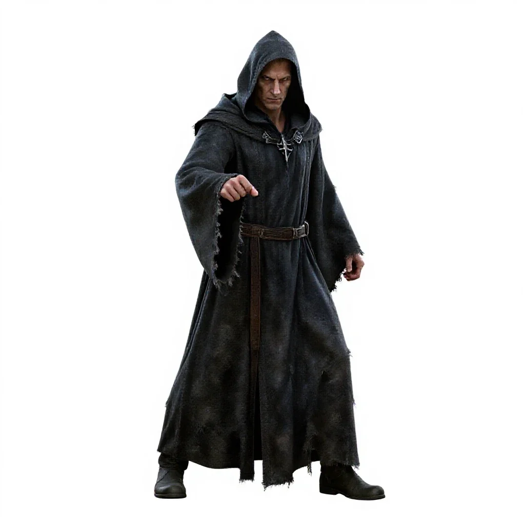 Necromancer in tattered robes isolated on a white background
