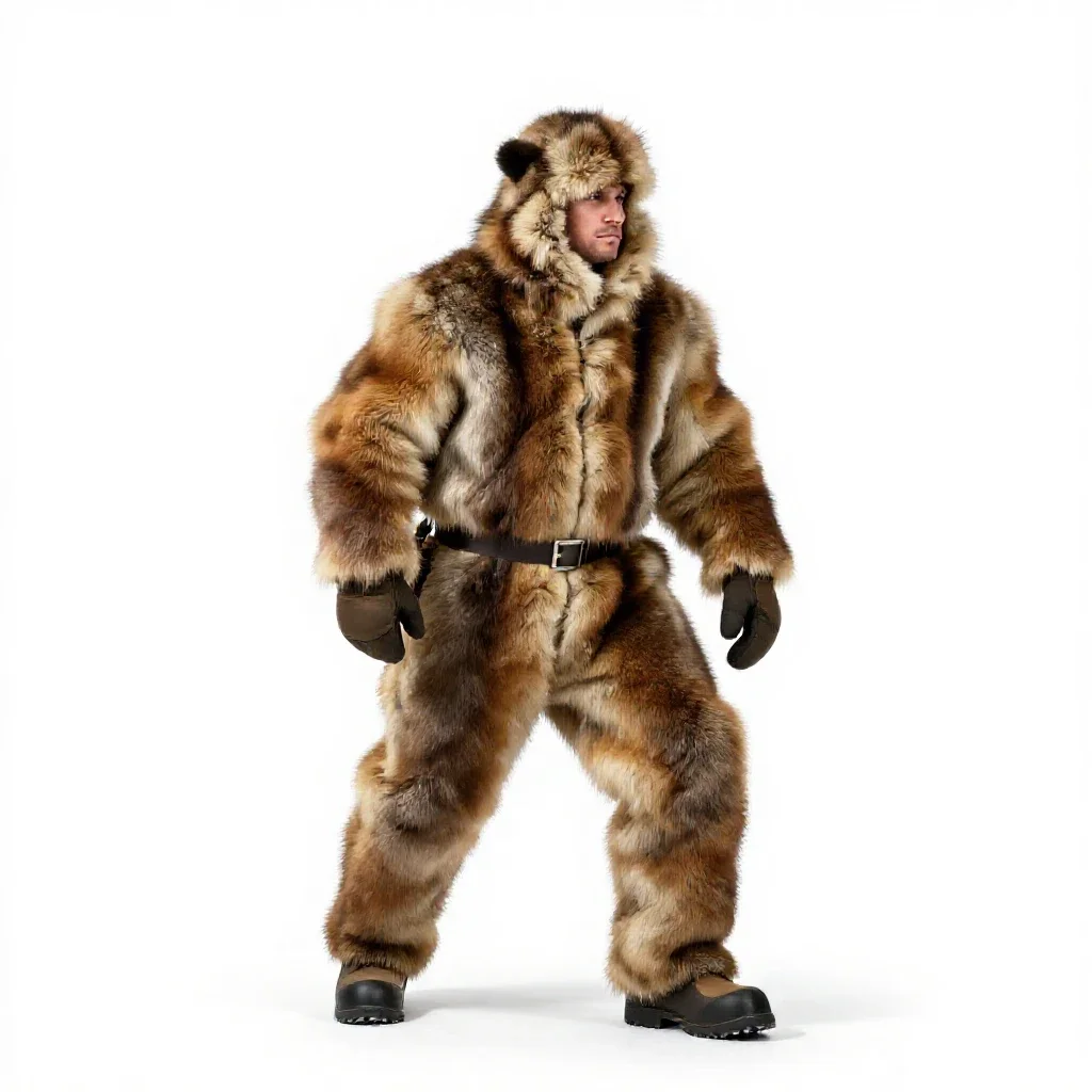 Snow-country hunter in furs isolated on a white background