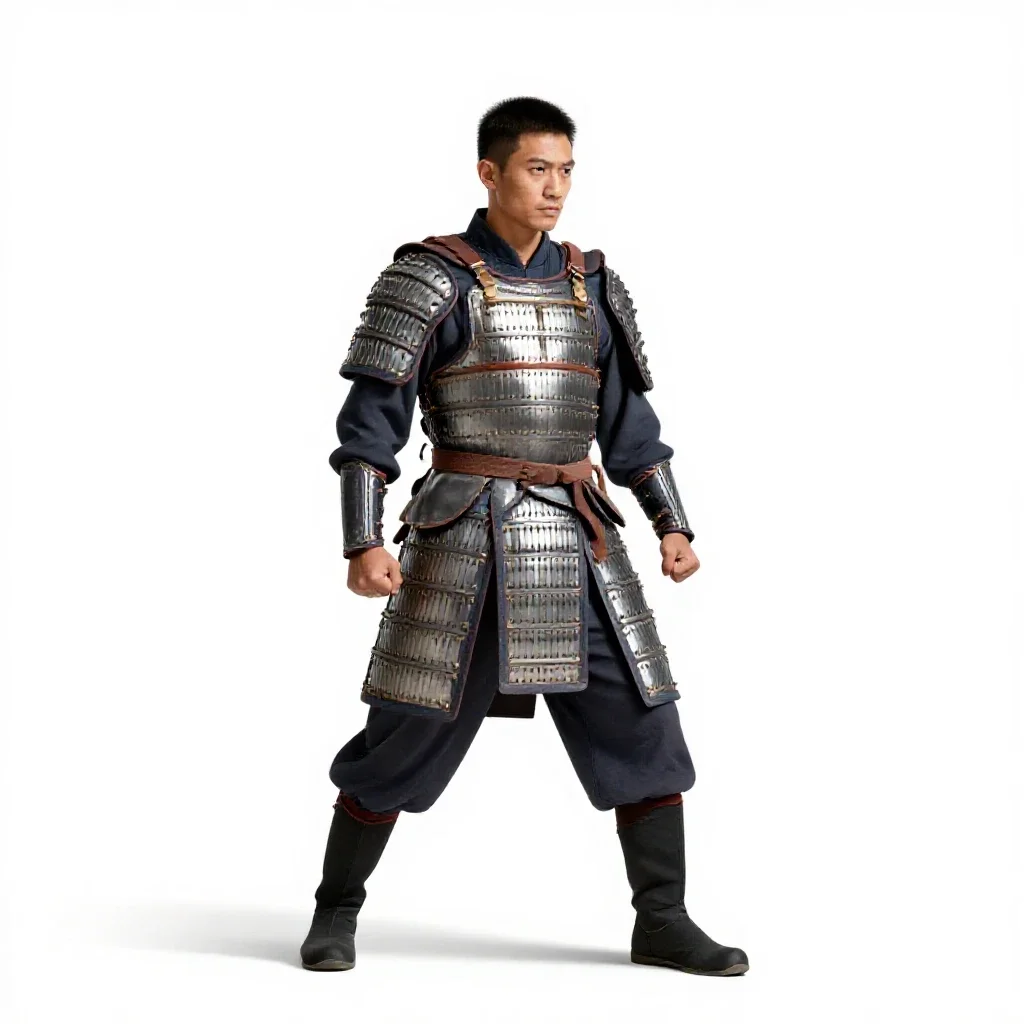 Temple guardian in ceremonial armour isolated on a white background