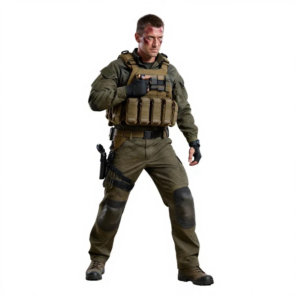 Veteran mercenary with a scarred face isolated on a white background