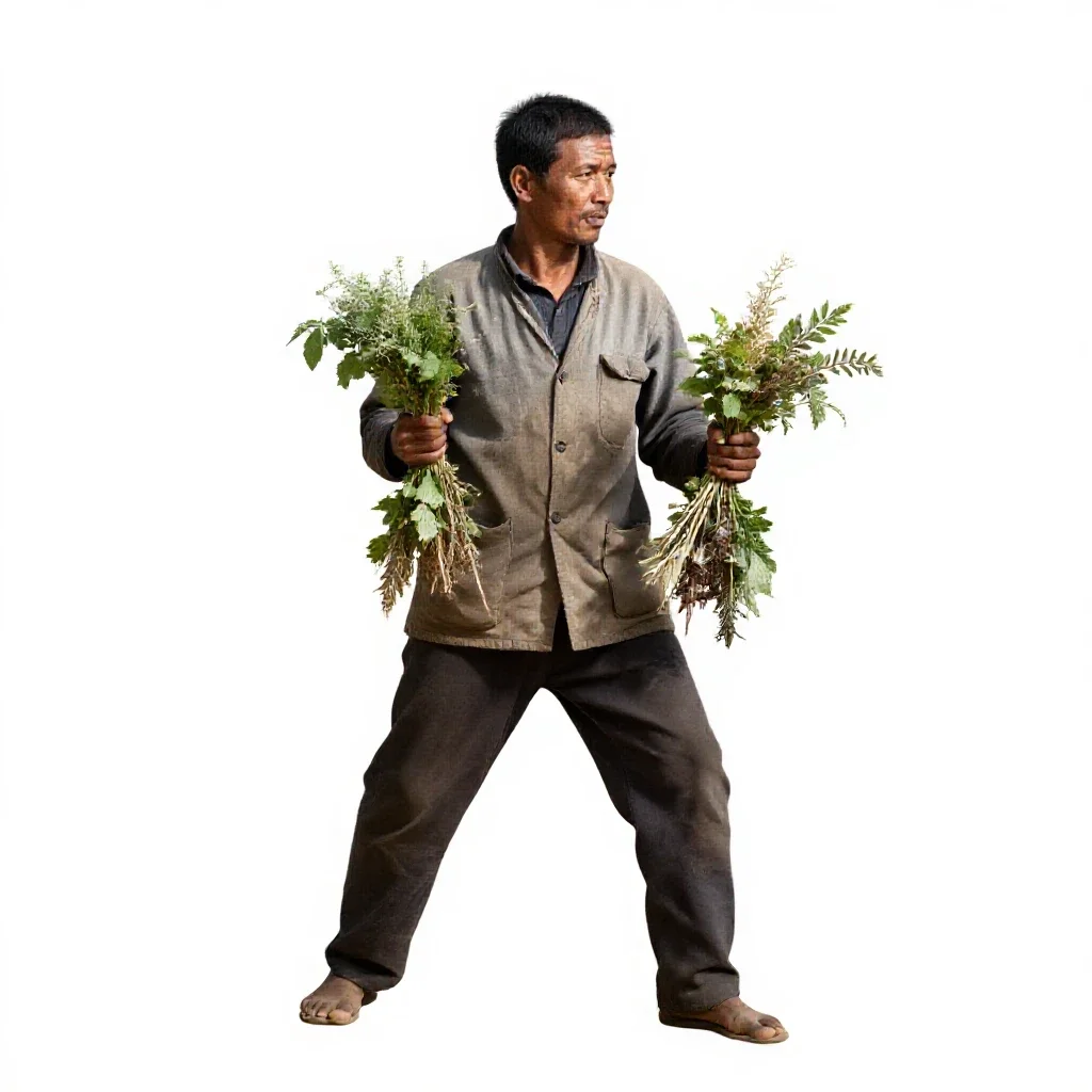 Village healer with herb bundles isolated on a white background