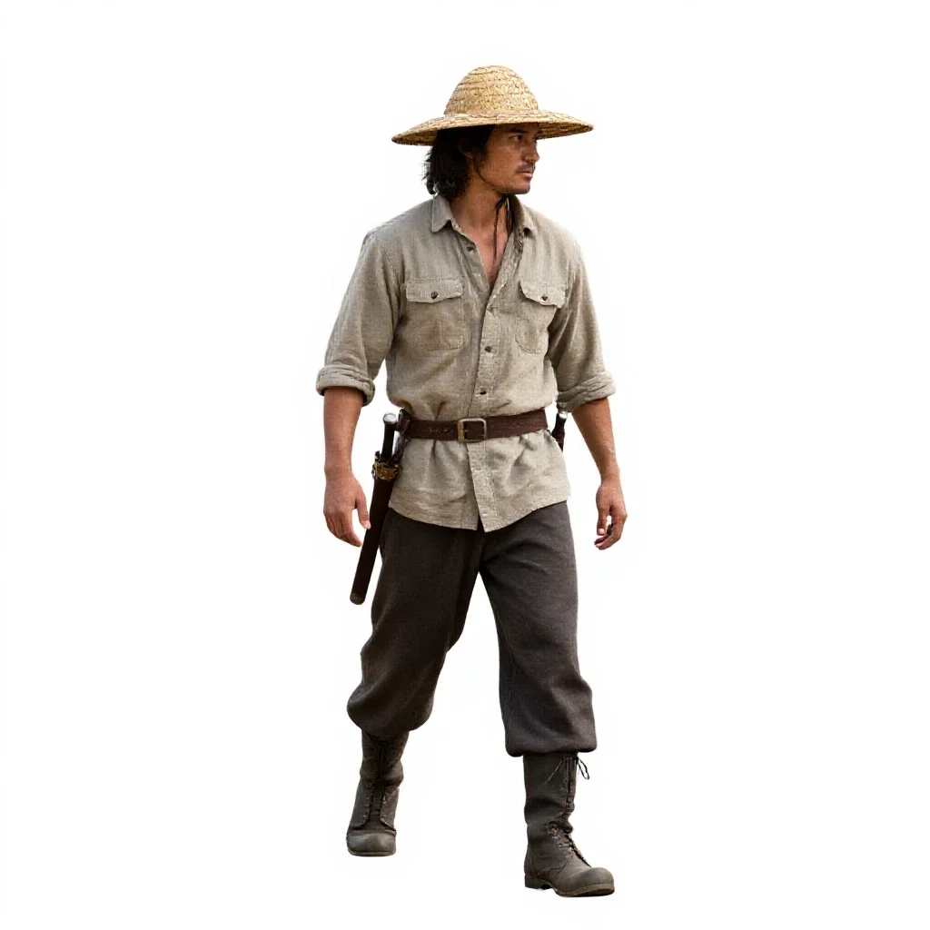 Wandering swordsman in a straw hat isolated on a white background