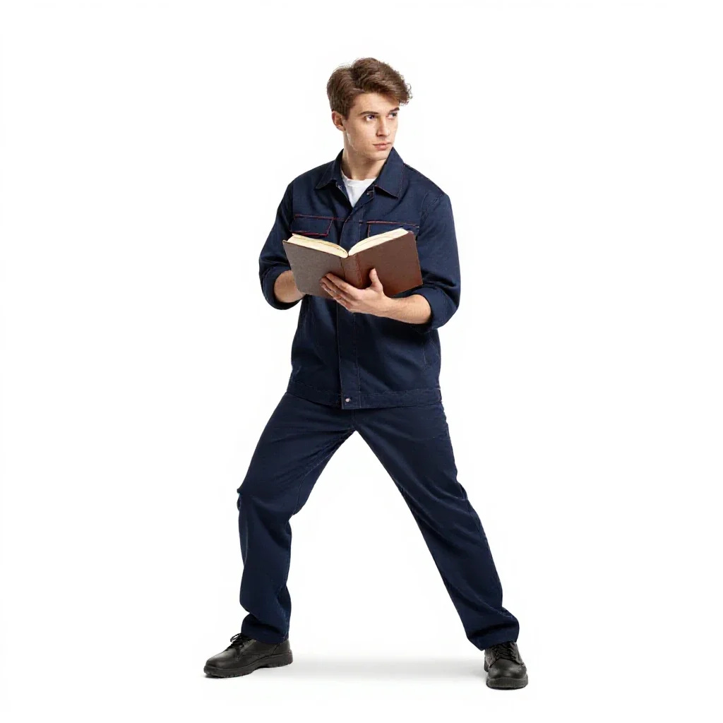 Young apprentice with a spellbook isolated on a white background