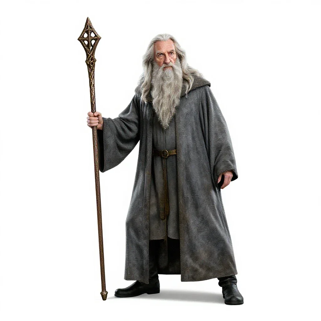 Elder wizard with a rune staff isolated on a white background