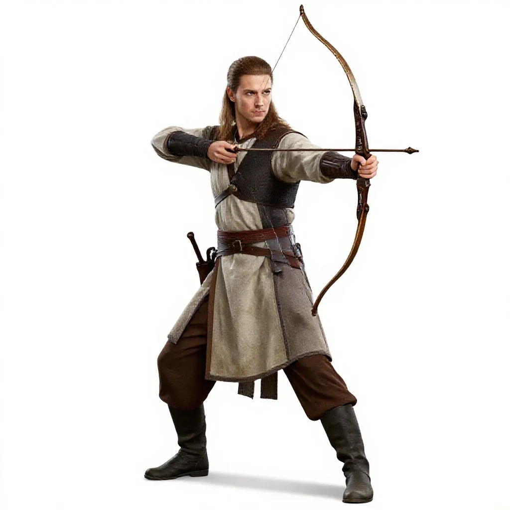 Elven archer in layered silks isolated on a white background